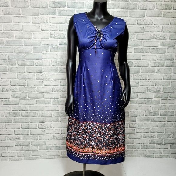 Vintage 50s Handmade Blue Floral Empire Waist Sleeveless Nylon Dress Pinup - Picture 1 of 6